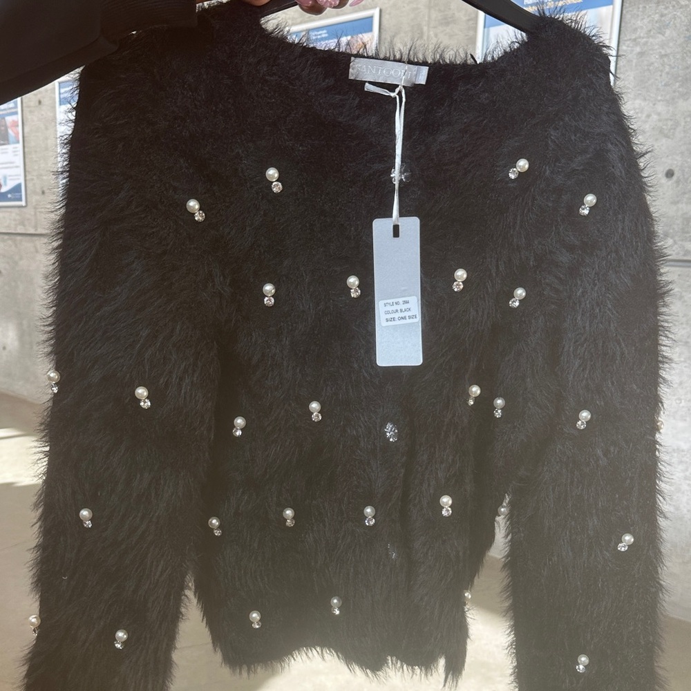 Elegant Black Sweater with Pearl Details